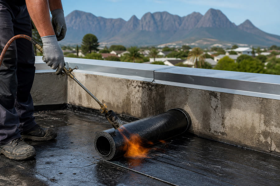 Torch-on bitumen membrane being bonded to a flat roof parapet with a propane torch, Helderberg behind.