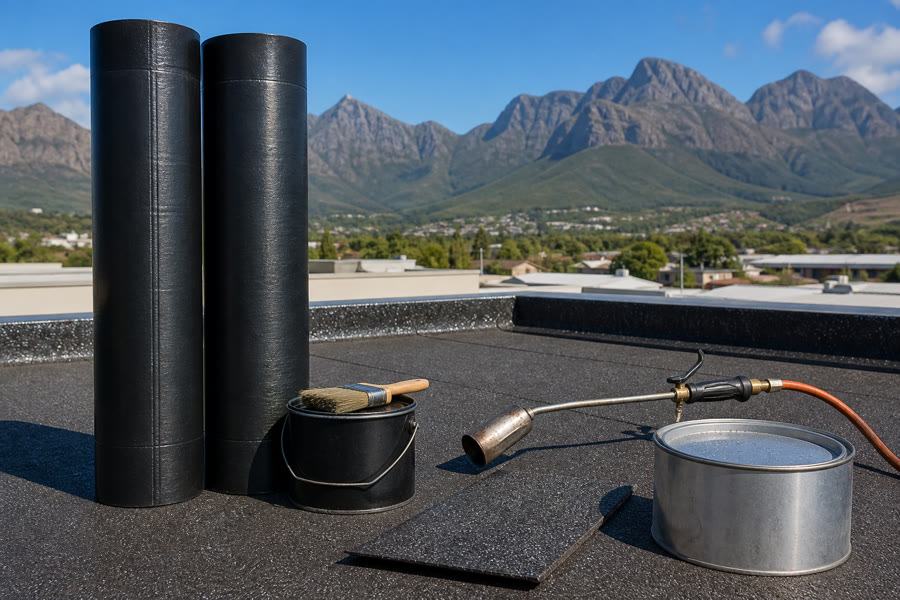 Torch-on membrane rolls, primer, propane torch and silver coating laid out on a roof.