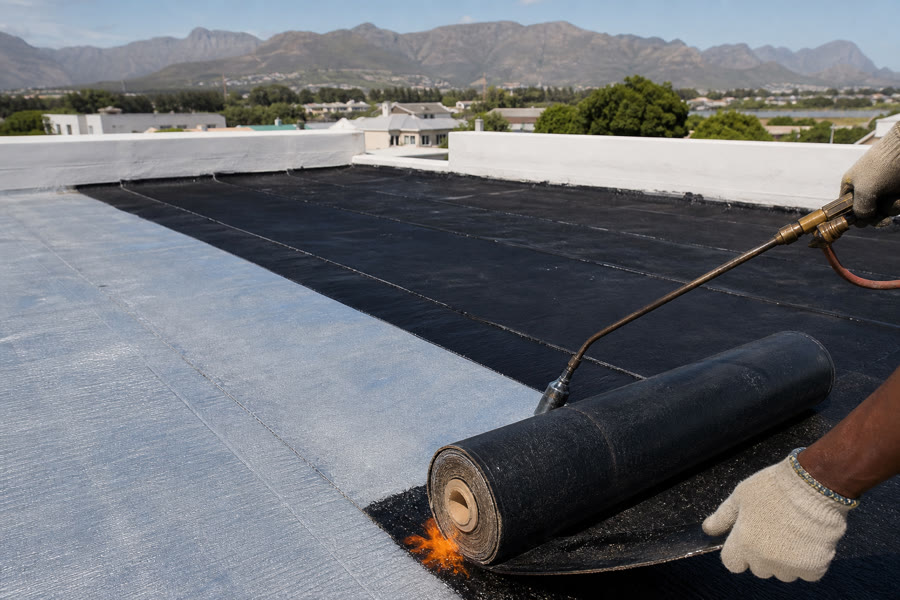 Waterproofing contractors rolling torch-on membrane across a flat concrete roof in Somerset West.