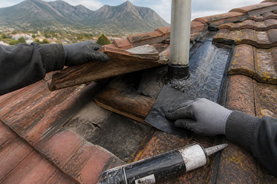 Gloved hands lifting a clay tile to patch a leaking pipe flashing with bitumen membrane.